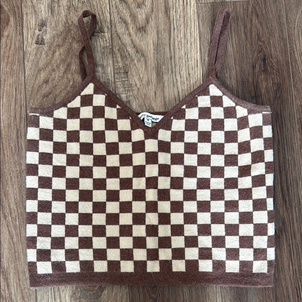Brown and Cream Checkered Women's Top